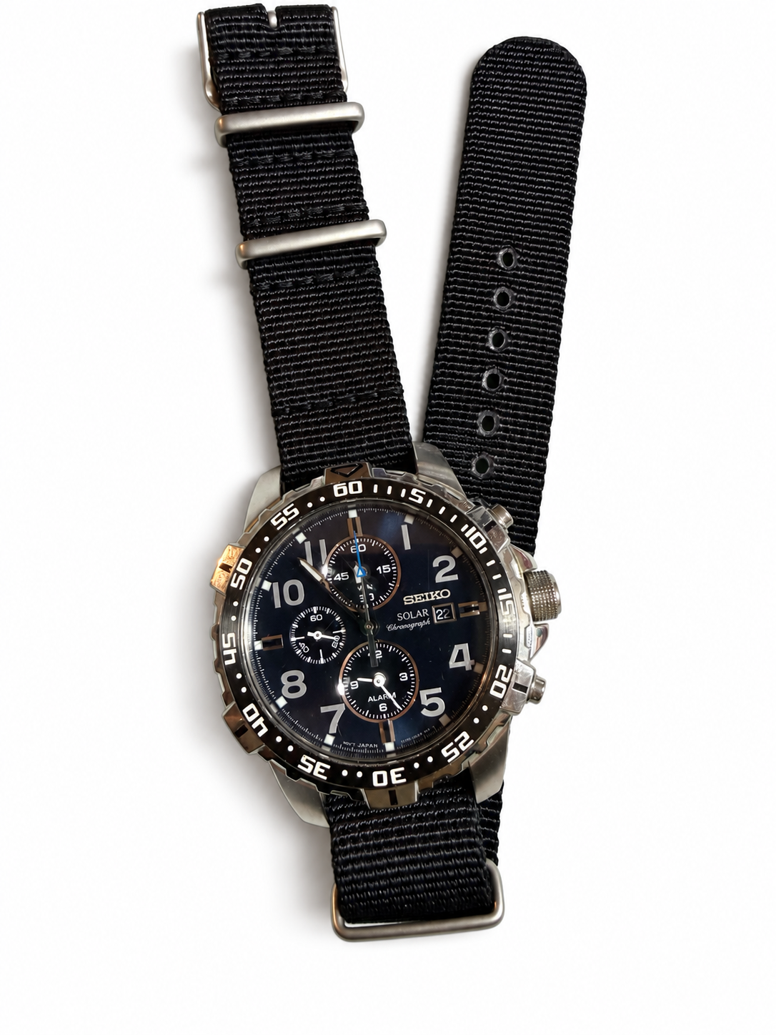 Seiko Solar Chronograph V172-0AT0 Alarm Date 10BAR Black Dial Nylon