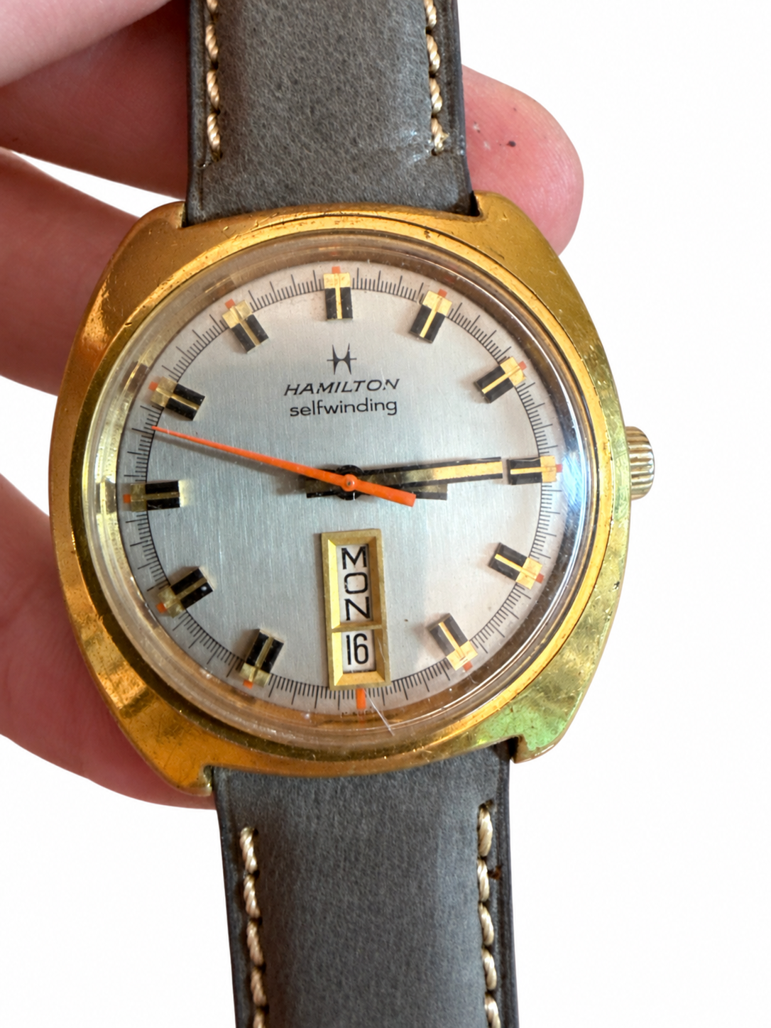 Vintage Hamilton Buccaneer Selfwinding Day/Date Silver Dial Gold Cushion